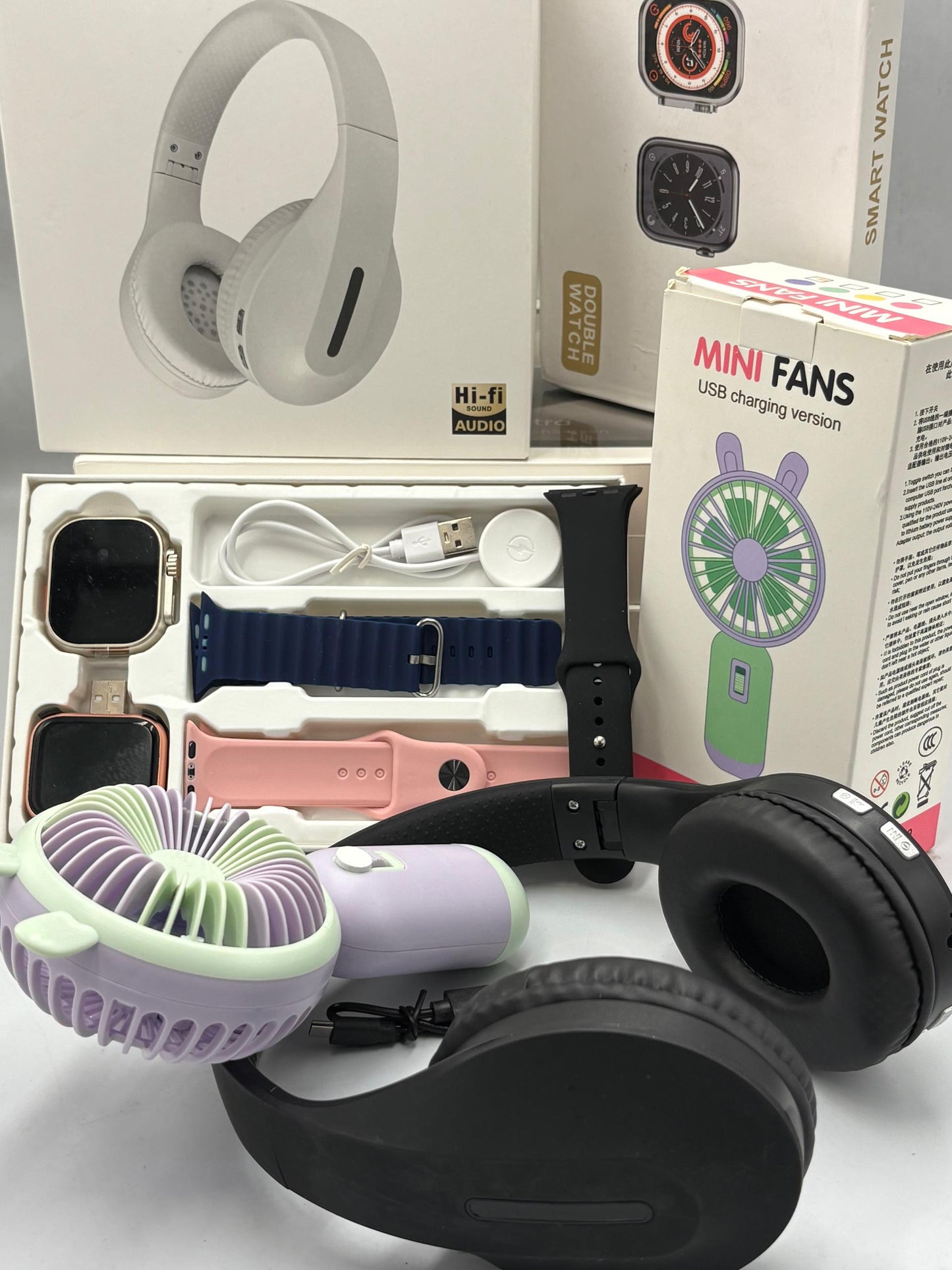 April Mega Gadget Bundle – 2 Smartwatches + Wireless Headset + Mini Fan (₦35,000 Deal)
