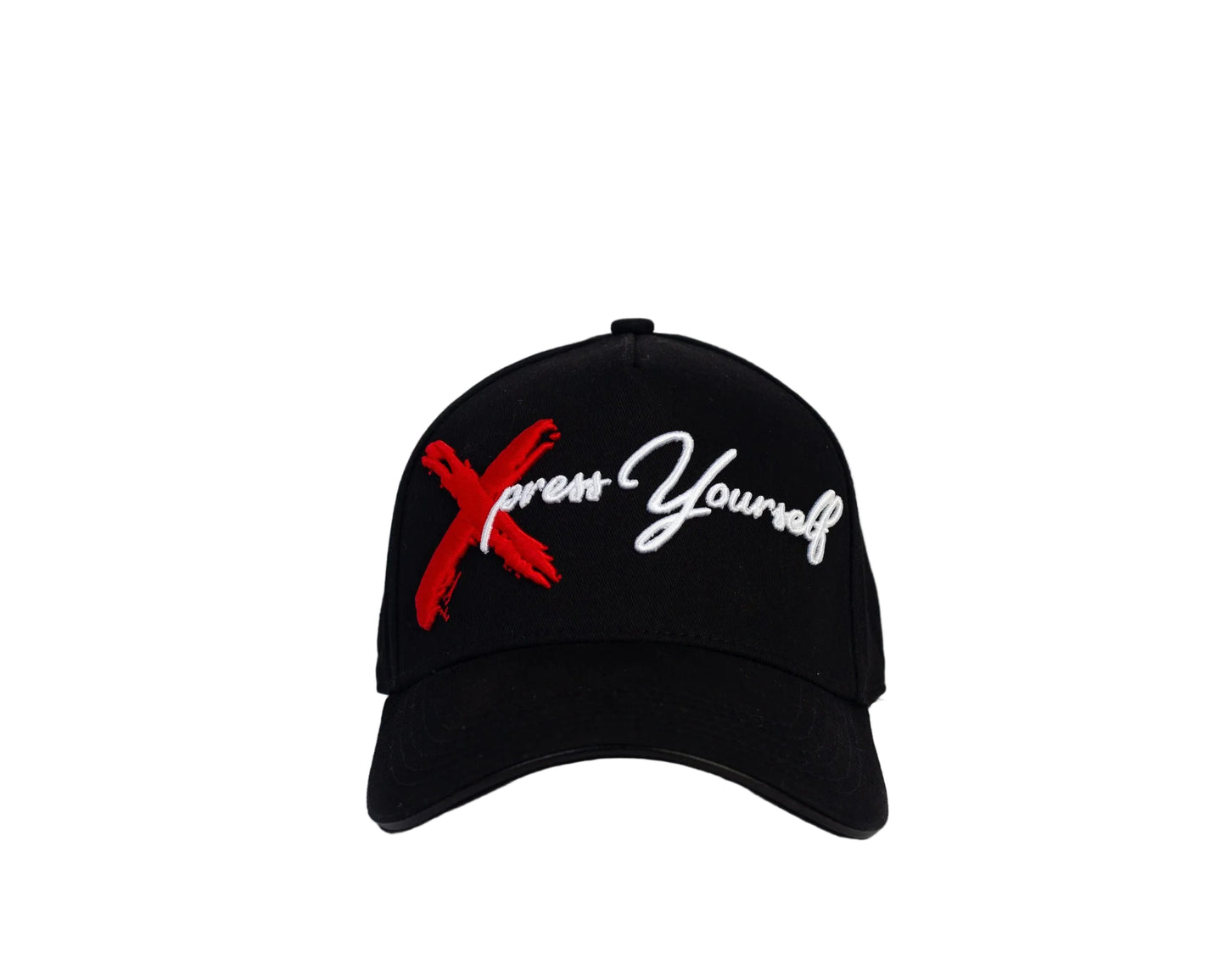 Black cap with 'Xpress Yourself' text on a white background