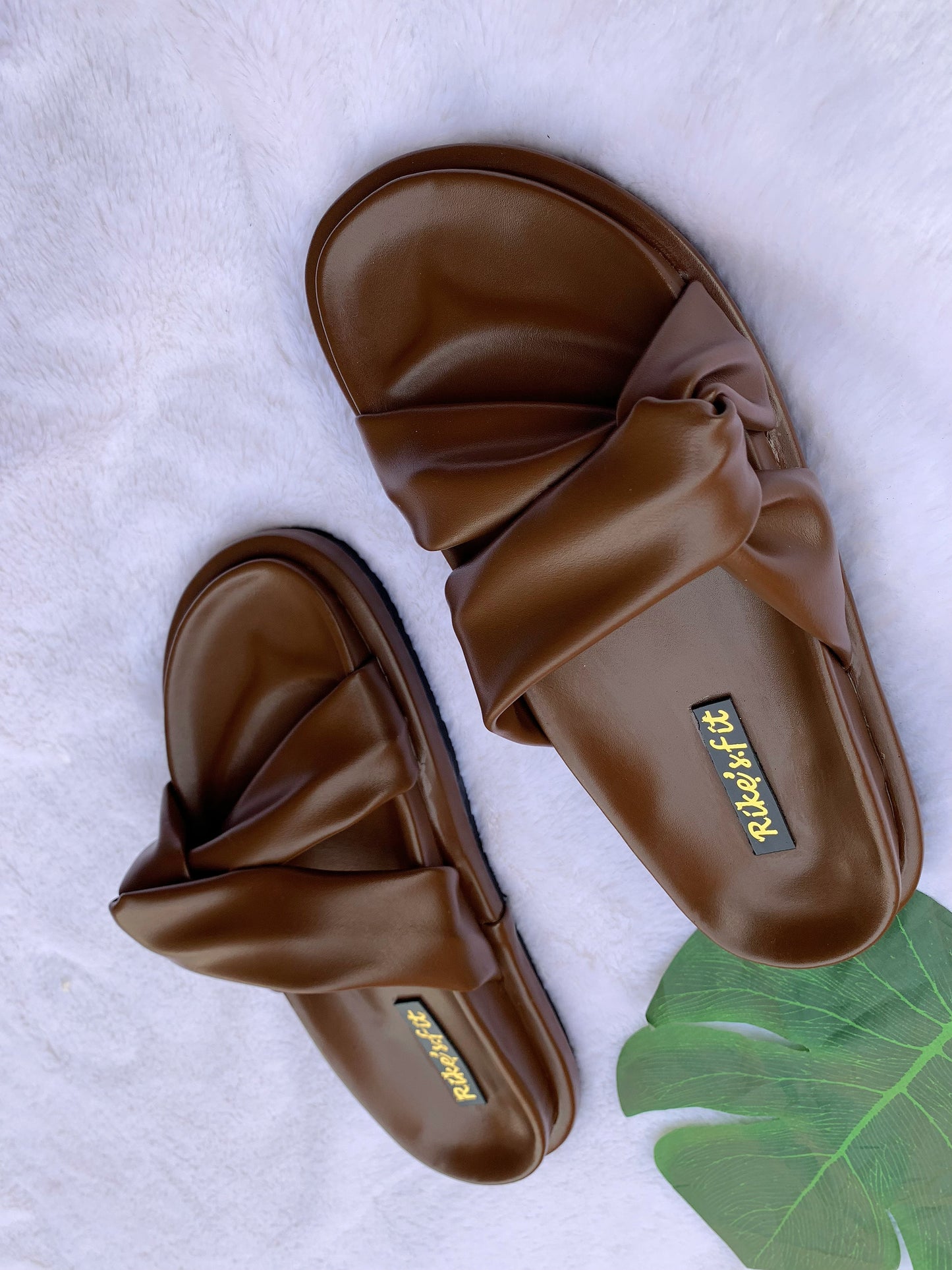 Women’s Comfort Knot Flat Slides  | Soft Slip-On Sandals (Brown)