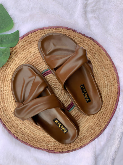 Women’s Comfort Knot Flat Slides  | Soft Slip-On Sandals (Brown)