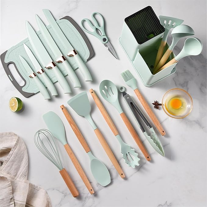 19 Piece Silicone Kitchenware Set Heat Resistant Non-Stick Cooking Tool with Wooden Handles
