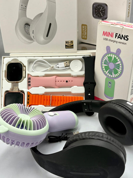 April Mega Gadget Bundle – 2 Smartwatches + Wireless Headset + Mini Fan (₦35,000 Deal)