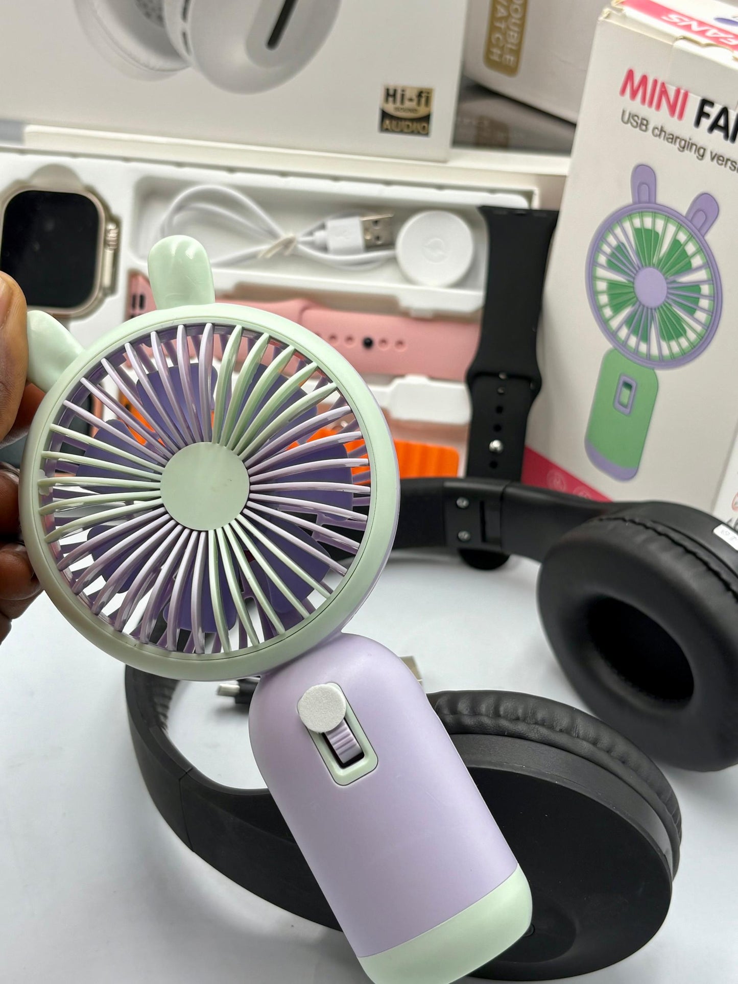 April Mega Gadget Bundle – 2 Smartwatches + Wireless Headset + Mini Fan (₦35,000 Deal)