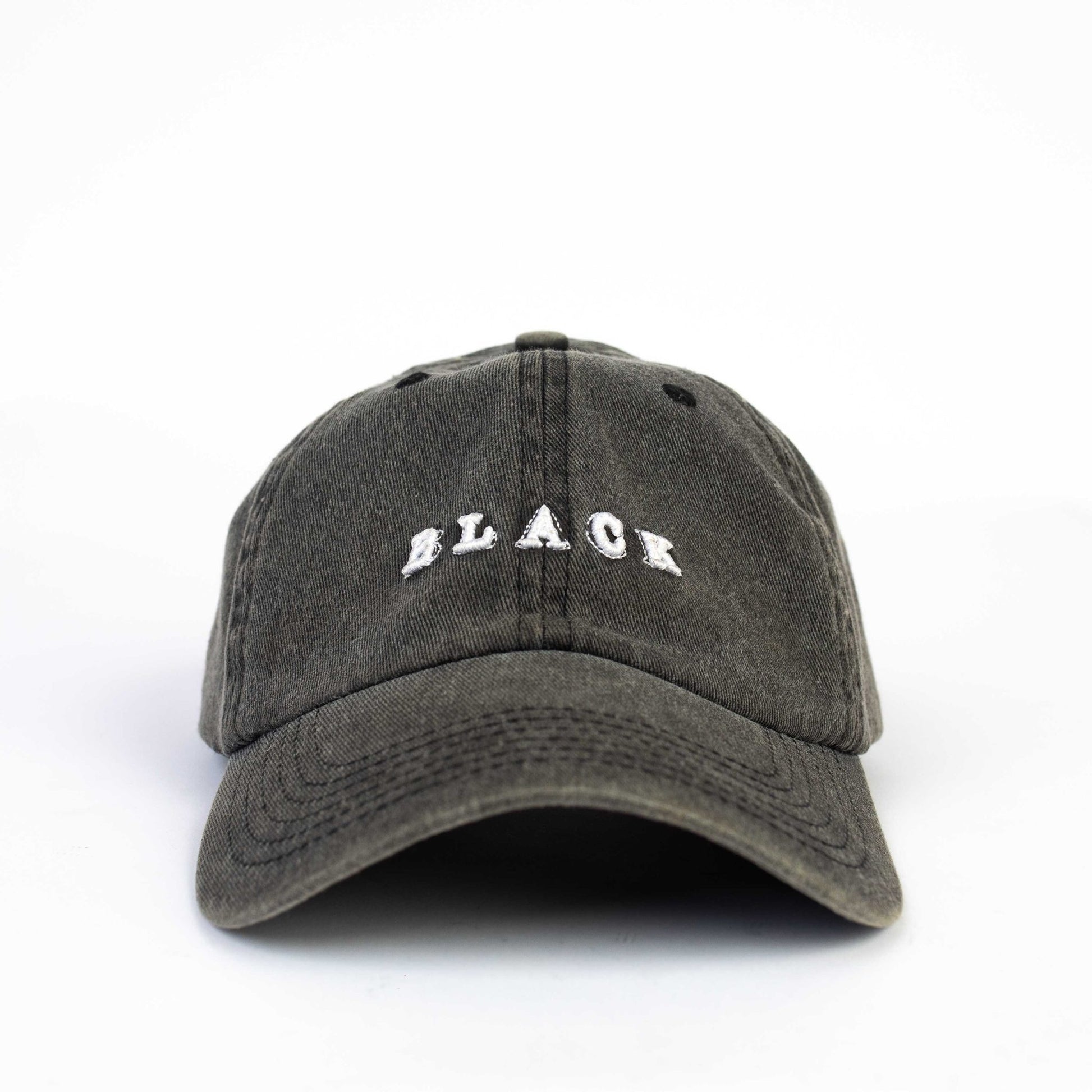 Black cap with 'BLACK' embroidered on a white background