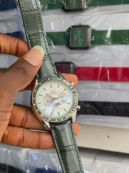 Omega Chronograph Automatic Leather Strap Watch | Luxury Mechanical Wristwatch