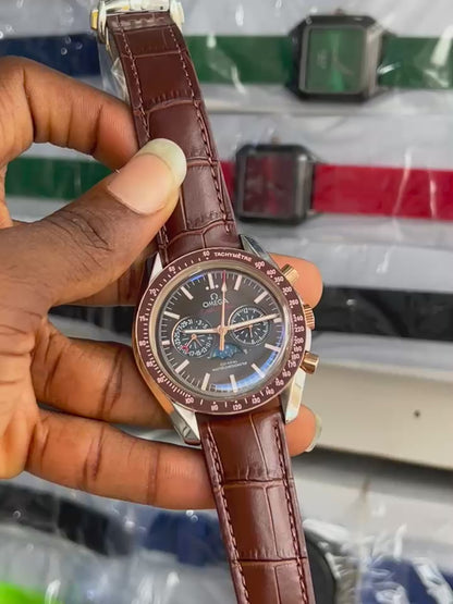 Omega Chronograph Automatic Leather Strap Watch | Luxury Mechanical Wristwatch